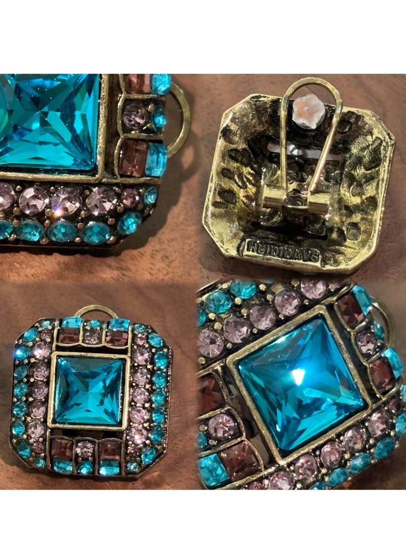 PLANE TREES Vintage Square Stud Earrings – Emerald Blue Center Stone with Multicolor Crystal Frame – Elegant Glam Jewelry for Women - Image 2