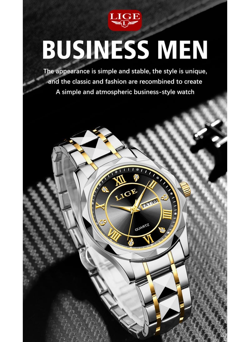 LIGE ​​LIGE Men's Business Fashion Watch - Black Dial with Gold Roman Numerals & Silver Stainless Steel Strap, Luminous Display, Dual Calendar Function, 30M Water Resistance, Modern Business Style for Workplace & Formal Occasions​​  - Image 2