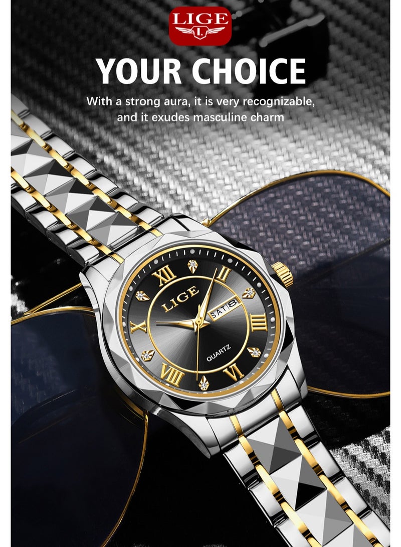 LIGE ​​LIGE Men's Business Fashion Watch - Black Dial with Gold Roman Numerals & Silver Stainless Steel Strap, Luminous Display, Dual Calendar Function, 30M Water Resistance, Modern Business Style for Workplace & Formal Occasions​​  - Image 3