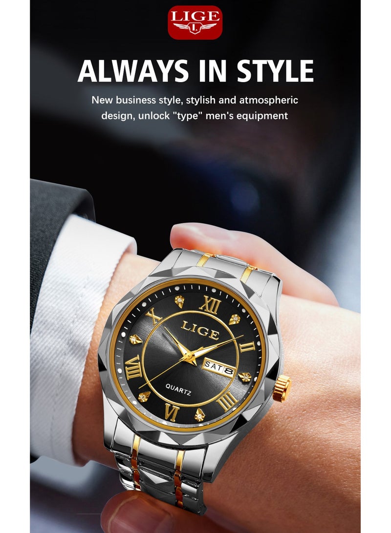 LIGE ​​LIGE Men's Business Fashion Watch - Black Dial with Gold Roman Numerals & Silver Stainless Steel Strap, Luminous Display, Dual Calendar Function, 30M Water Resistance, Modern Business Style for Workplace & Formal Occasions​​  - Image 5