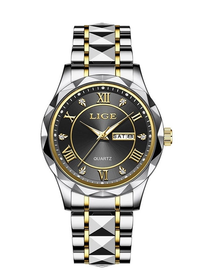 LIGE ​​LIGE Men's Business Fashion Watch - Black Dial with Gold Roman Numerals & Silver Stainless Steel Strap, Luminous Display, Dual Calendar Function, 30M Water Resistance, Modern Business Style for Workplace & Formal Occasions​​  - Image 1