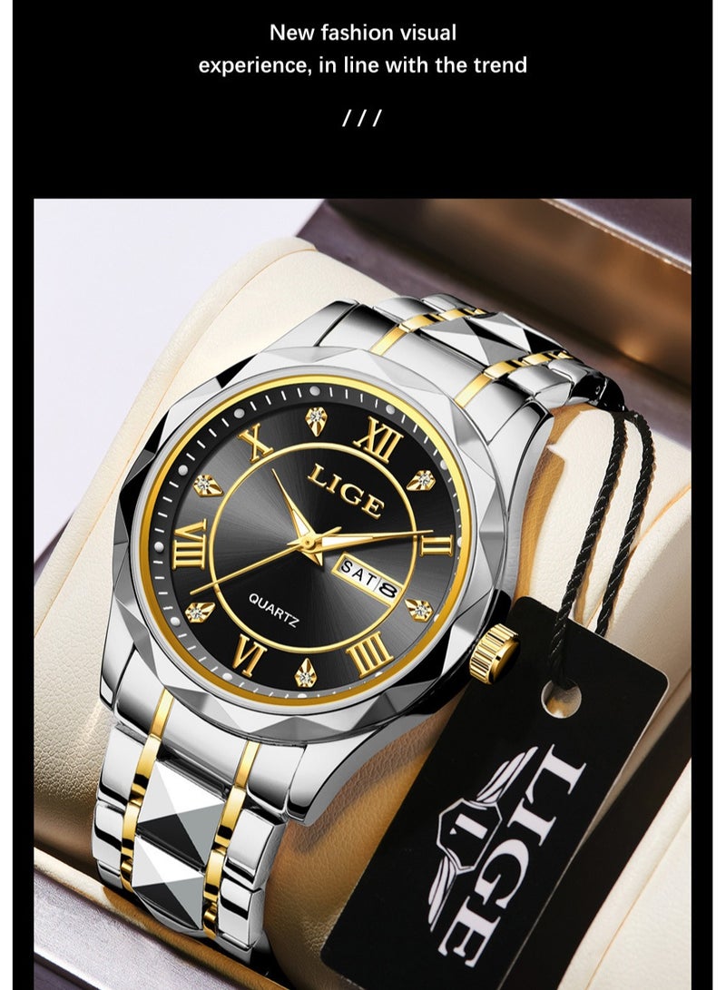 LIGE ​​LIGE Men's Business Fashion Watch - Black Dial with Gold Roman Numerals & Silver Stainless Steel Strap, Luminous Display, Dual Calendar Function, 30M Water Resistance, Modern Business Style for Workplace & Formal Occasions​​  - Image 4