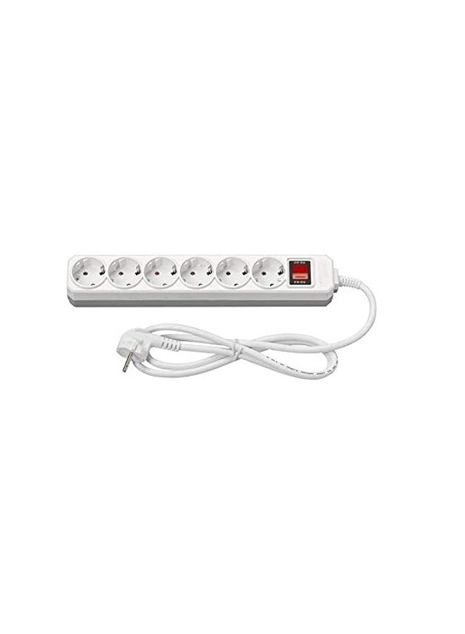 A power strip with a five-meter wire, six outlets, and an illuminated main control switch