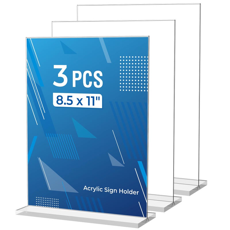 Dooiclear 3 Pack Acrylic Sign Holder 8.5 x 11 Inches, Clear Menu Stand, Vertical Flyer Display, Table Paper Holder, Desk Brochure, Plastic Sign Display for Restaurants, Office, Store - Image 1