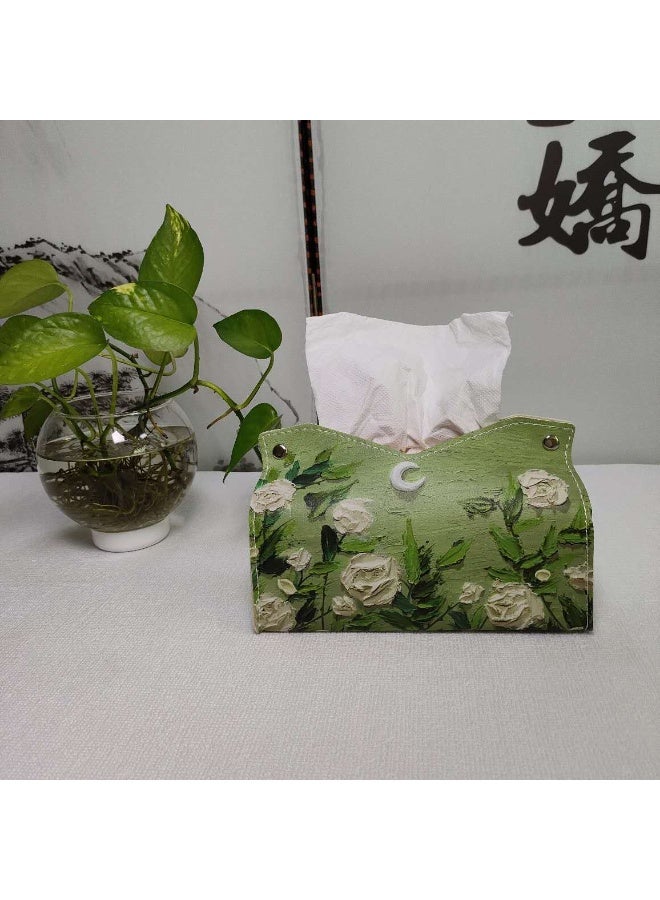 جلد طبيعي على الطراز الأوروبي مزاجه الراقية مطبوعة غرفة المعيشة المنزلية صندوق مناديل صندوق مناديل السيارة صندوق مناديل الزهور صندوق مناديل أخضر - Image 1