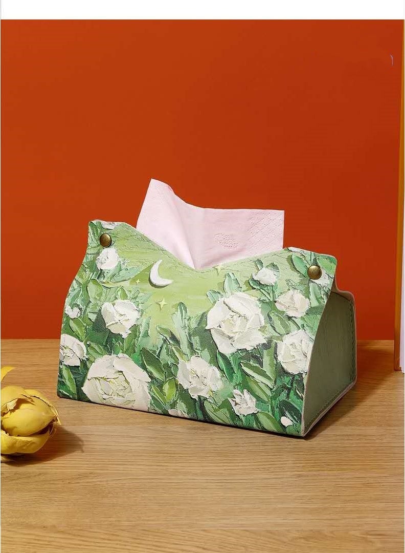 جلد طبيعي على الطراز الأوروبي مزاجه الراقية مطبوعة غرفة المعيشة المنزلية صندوق مناديل صندوق مناديل السيارة صندوق مناديل الزهور صندوق مناديل أخضر - Image 2