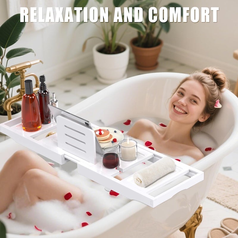 promitop Bathtub Tray Caddy,Premium Bamboo Expandable Bath Tub Trays Table, Foldable Bathroom Accessories,Great House Warming, Anniversary and Birthday Gifts,White - Image 4
