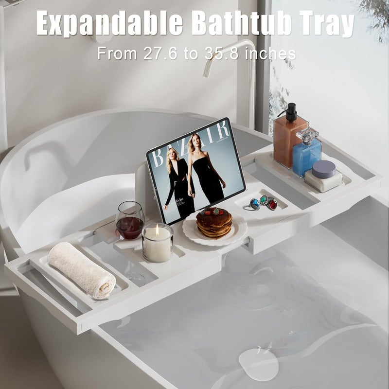 promitop Bathtub Tray Caddy,Premium Bamboo Expandable Bath Tub Trays Table, Foldable Bathroom Accessories,Great House Warming, Anniversary and Birthday Gifts,White - Image 2