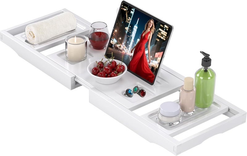 promitop Bathtub Tray Caddy,Premium Bamboo Expandable Bath Tub Trays Table, Foldable Bathroom Accessories,Great House Warming, Anniversary and Birthday Gifts,White - Image 1