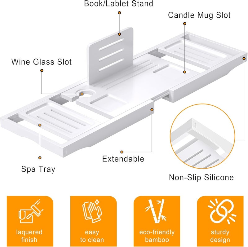 promitop Bathtub Tray Caddy,Premium Bamboo Expandable Bath Tub Trays Table, Foldable Bathroom Accessories,Great House Warming, Anniversary and Birthday Gifts,White - Image 5
