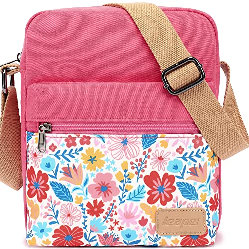 Leaper Girls Crossbody Purses 2 PCS Women Floral Messenger Bag Canvas Crossbody Bag and Purse Set for Women (SD07-Pink) - Image 1