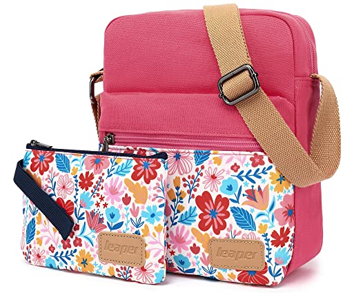 Leaper Girls Crossbody Purses 2 PCS Women Floral Messenger Bag Canvas Crossbody Bag and Purse Set for Women (SD07-Pink) - Image 3