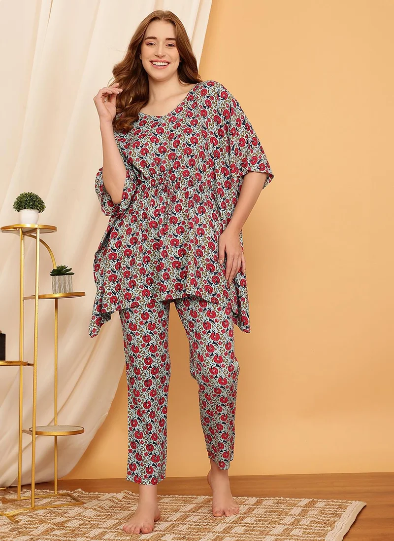 Clovia Clovia Pretty Florals Kaftan Top & Pyjama Set in Sky Blue - Rayon