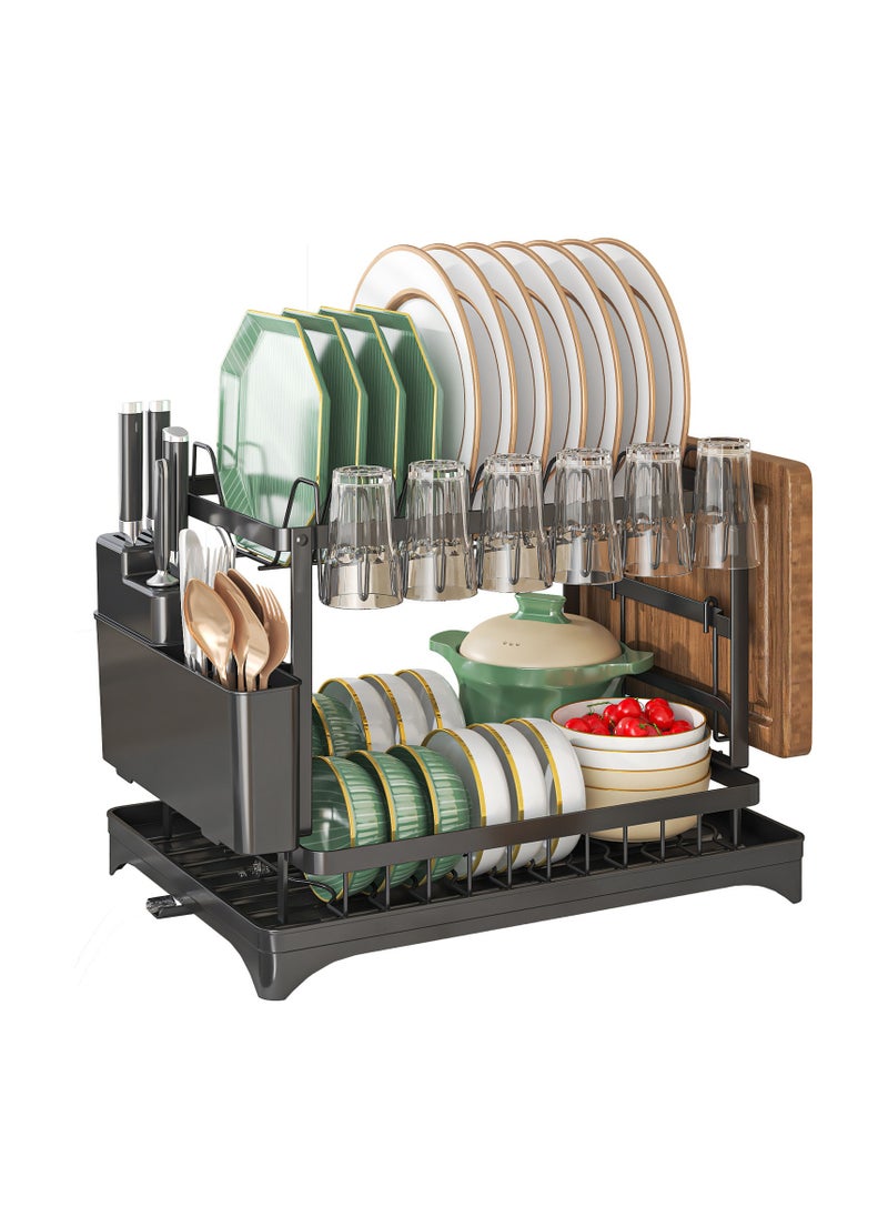 Generic Large Dish Drying Rack, 2-Tier Kitchen Organiser with Utensil Holder.Equipped with Cutlery Holder, Cutting Board Holder and Drainage System.Black  - Image 1