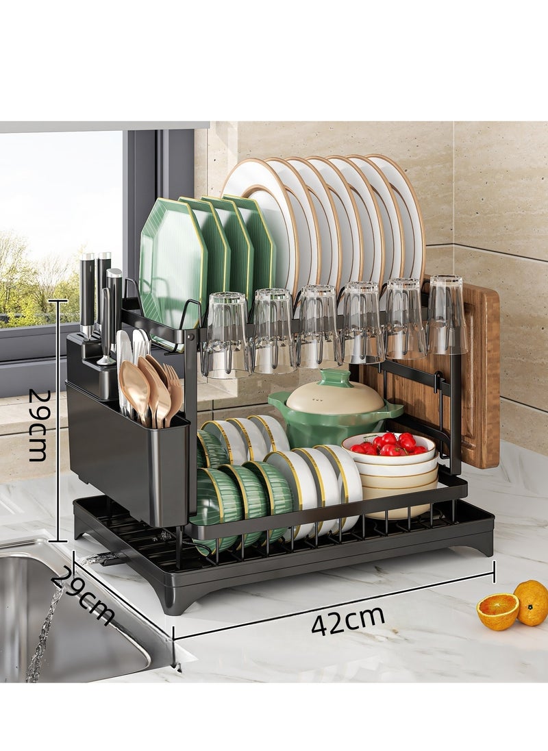 Generic Large Dish Drying Rack, 2-Tier Kitchen Organiser with Utensil Holder.Equipped with Cutlery Holder, Cutting Board Holder and Drainage System.Black  - Image 2