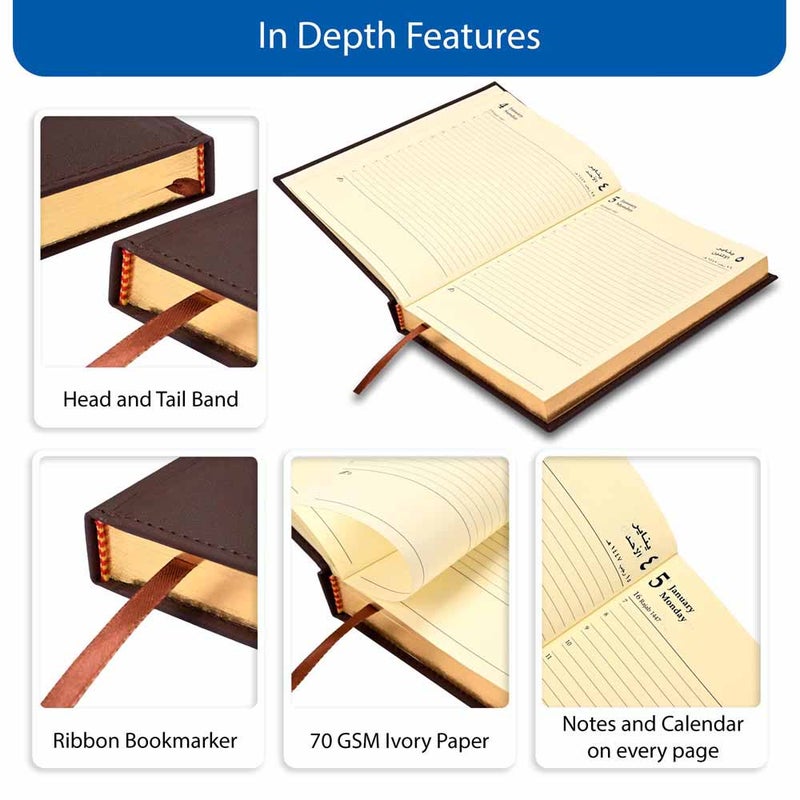 FIS 2026 Golden A5 Diary, 148x210mm, 1 Side Padded Italian PU Cover Materials, Gold Gilded Edges & Sewn Cover, Arabic/English, 70gsm Italian Ivory Pap - Image 5