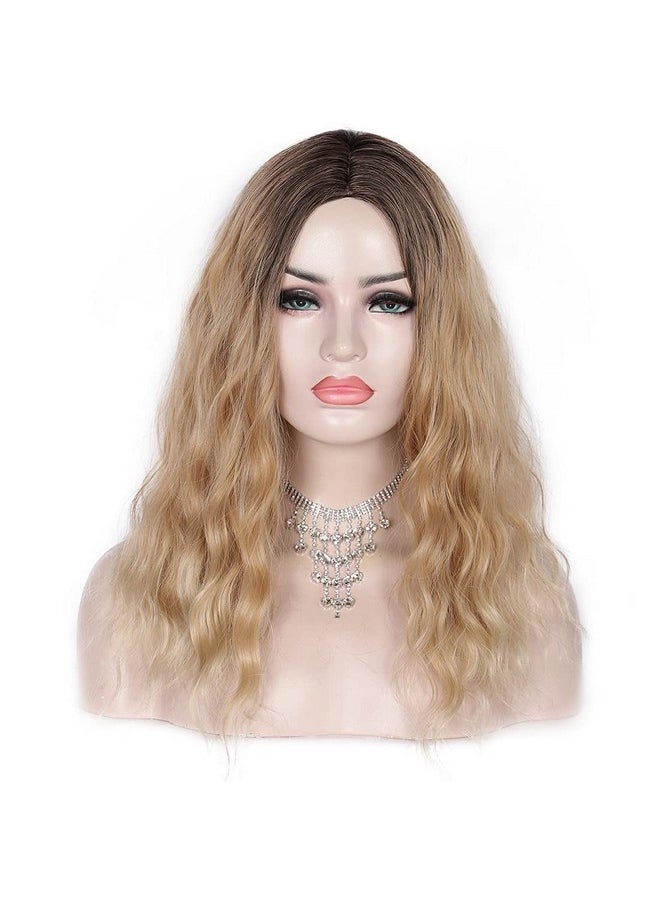 Kalyss Alyss 18 Inches Curly Wavy Ombre Brown To Blonde Wigs For Women Middle Part Shoulder Length Synthetic Wig Natural Daily Looking No Lace Frontal Dark Roots Wigs  - Image 2