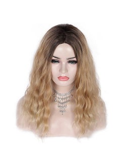 Kalyss Alyss 18 Inches Curly Wavy Ombre Brown To Blonde Wigs For Women Middle Part Shoulder Length Synthetic Wig Natural Daily Looking No Lace Frontal Dark Roots Wigs  - Image 3