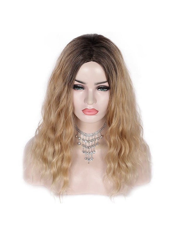 Kalyss Alyss 18 Inches Curly Wavy Ombre Brown To Blonde Wigs For Women Middle Part Shoulder Length Synthetic Wig Natural Daily Looking No Lace Frontal Dark Roots Wigs  - Image 3