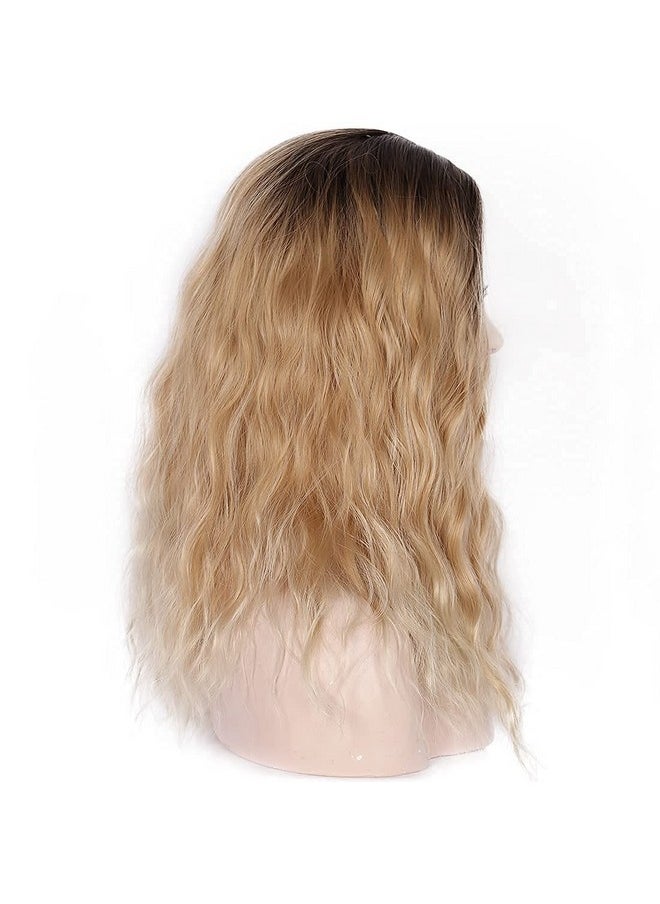 Kalyss Alyss 18 Inches Curly Wavy Ombre Brown To Blonde Wigs For Women Middle Part Shoulder Length Synthetic Wig Natural Daily Looking No Lace Frontal Dark Roots Wigs  - Image 4