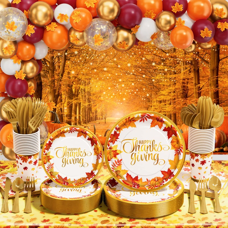Qinline Thanksgiving Party Decorations - 291 PCS Fall Birthday Party Supplies Disposable Dinnerware Set(25 Guest) with Maple Leaf Paper Plates Napkin Tablecloth Backdrop Balloon Garland Kit for Autumn Holiday - Image 1