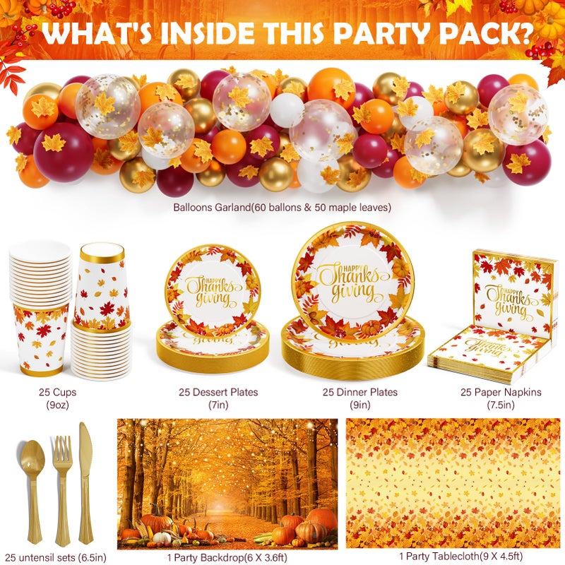 Qinline Thanksgiving Party Decorations - 291 PCS Fall Birthday Party Supplies Disposable Dinnerware Set(25 Guest) with Maple Leaf Paper Plates Napkin Tablecloth Backdrop Balloon Garland Kit for Autumn Holiday - Image 2