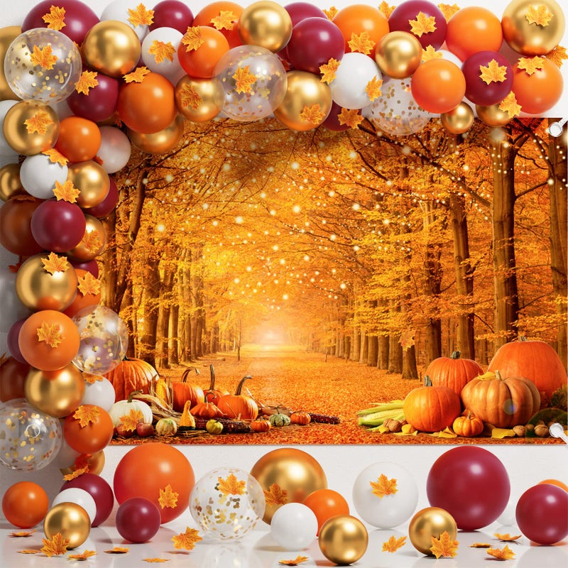 Qinline Thanksgiving Party Decorations - 291 PCS Fall Birthday Party Supplies Disposable Dinnerware Set(25 Guest) with Maple Leaf Paper Plates Napkin Tablecloth Backdrop Balloon Garland Kit for Autumn Holiday - Image 4