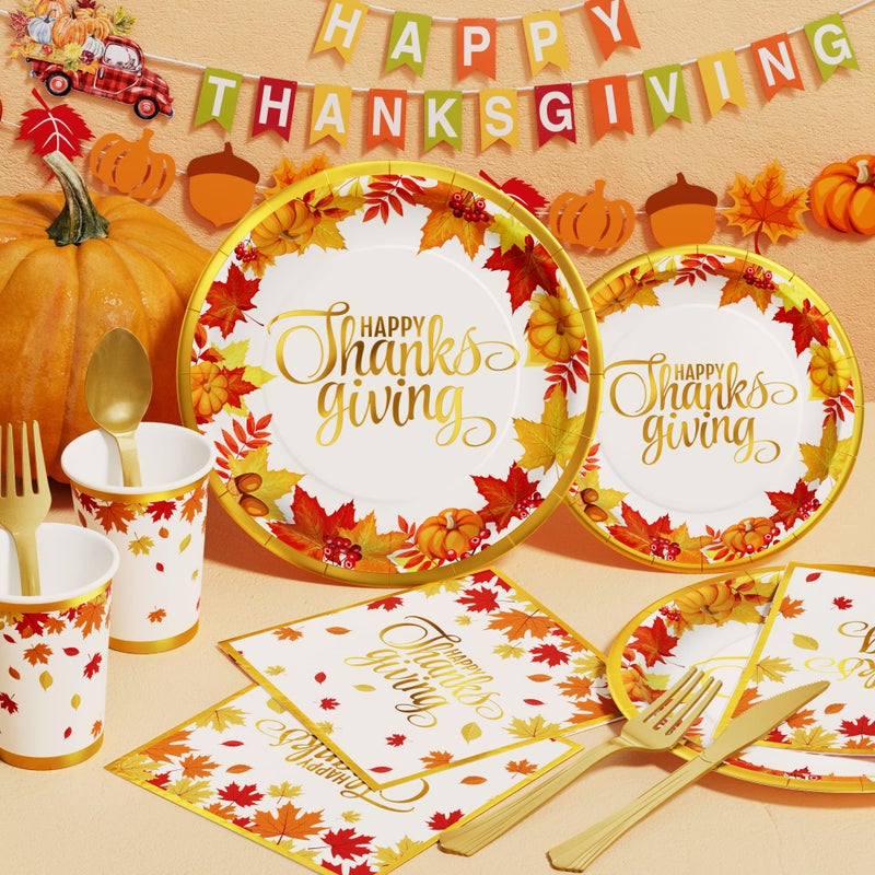 Qinline Thanksgiving Party Decorations - 291 PCS Fall Birthday Party Supplies Disposable Dinnerware Set(25 Guest) with Maple Leaf Paper Plates Napkin Tablecloth Backdrop Balloon Garland Kit for Autumn Holiday - Image 5