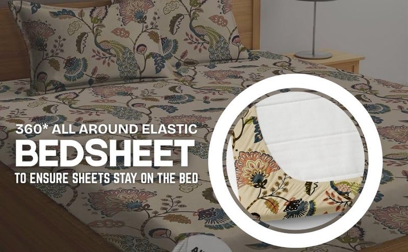 AMEYAA 320 TC Glace Cotton Fitted Bedsheet with Elastic | Soft & Breathable | Deep Pocket for Indian Mattress | King Size | Beige 72x78x8 Inch - Image 2
