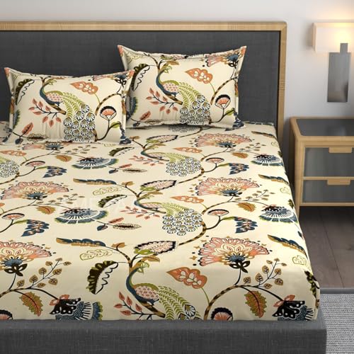 AMEYAA 320 TC Glace Cotton Fitted Bedsheet with Elastic | Soft & Breathable | Deep Pocket for Indian Mattress | King Size | Beige 72x78x8 Inch - Image 1