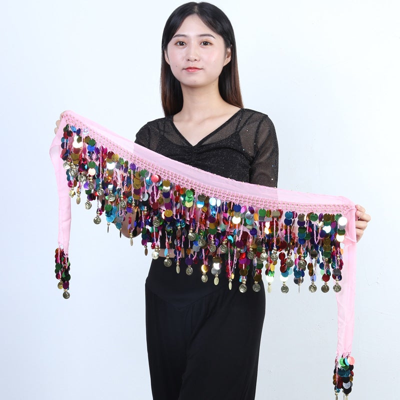 Belly dance waist chain hip towel skirt new Indian dance watch performance waist seal copper gong belt sequined tassel waist towel dance Pink