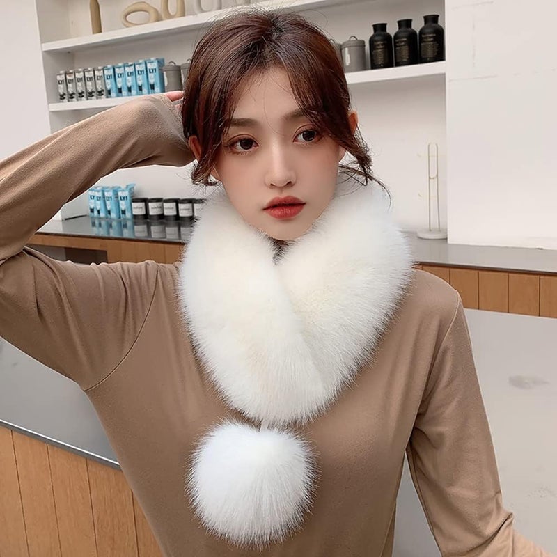 woobles Warm Plush Scarf  Fox Fur Collar Faux Fur Scarf Winter Thick Fur Collar Scarf Ribbon Ball Fur Collar for Matching Overcoat Sweater Jacket Holiday Gift Girl Warm Scarf - Image 3