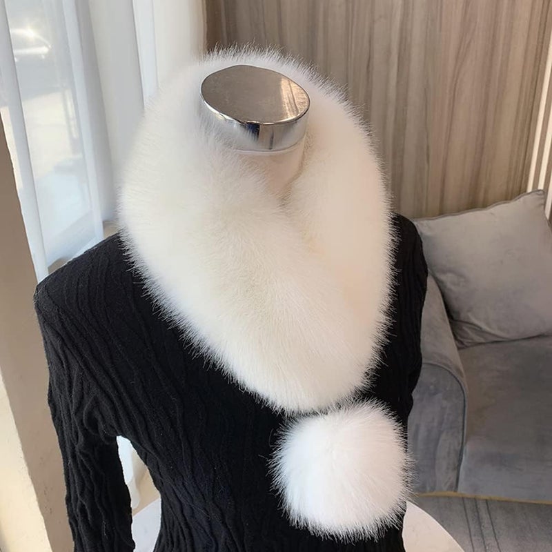 woobles Warm Plush Scarf  Fox Fur Collar Faux Fur Scarf Winter Thick Fur Collar Scarf Ribbon Ball Fur Collar for Matching Overcoat Sweater Jacket Holiday Gift Girl Warm Scarf - Image 4