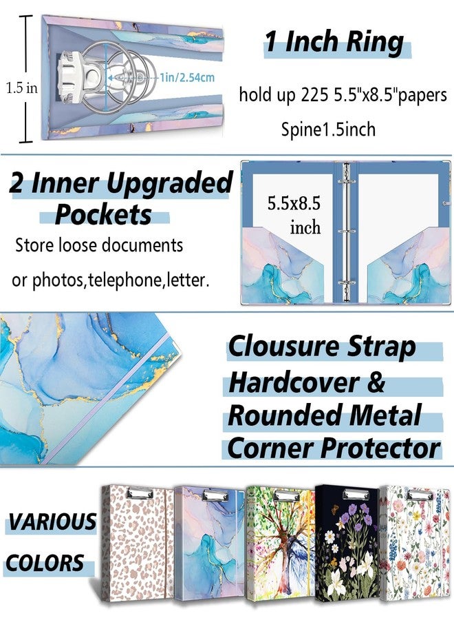 BVSSX A5 Binder 3 Ring 1 Inch for 5.5"x8.5" Paper, Mini Three Ring Binders with Clipboard,5-Tab Dividers,Interior Pocket, Spine ID Label Holder, BVSSX Small Binder with Pen Holder,Blue Marble - Image 5