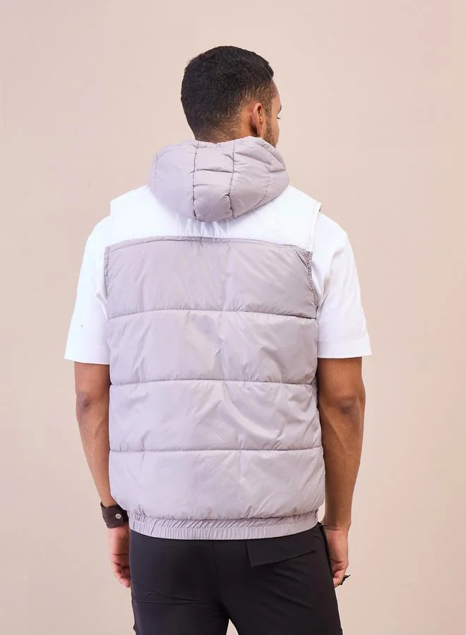 Mascln Sassafras Grey and  White ColorBlock Hoodie Sleeveless Jacket by Styli