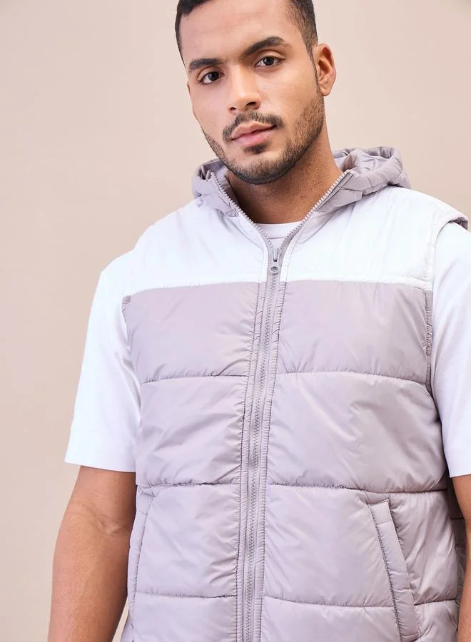 Mascln Sassafras Grey and  White ColorBlock Hoodie Sleeveless Jacket by Styli