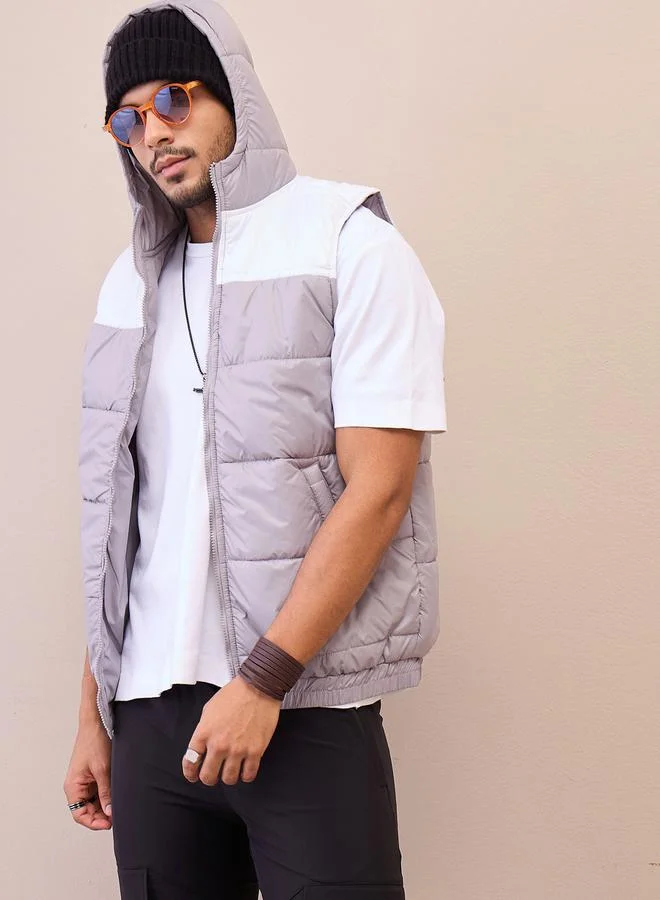 Mascln Sassafras Grey and  White ColorBlock Hoodie Sleeveless Jacket by Styli