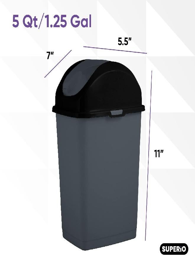 Superio 1.25 Gal Mini Plastic Trash Can with Swing Top Lid Small Waste Bin for Countertop, Desk, Vanity, Bathroom 5 Quart (Grey/Black) - Image 1