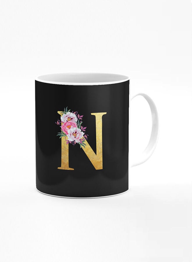 Stylizedd Designer Printed Coffee Mug 11oz Ceramic Personalised Gift Mugs Cup -Custom Monogram Initial Letter Floral Pattern Alphabet - N (Black) - Image 1