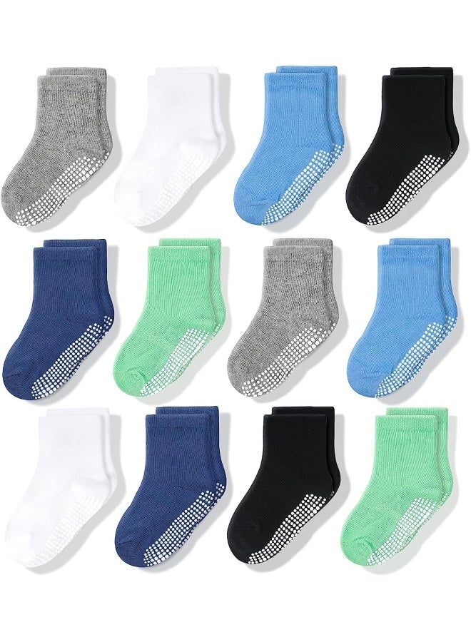 CozyWay Baby & Toddler Socks With Grippers Non Slip Crew Grip Socks for Girls and Boys Soft Comfy Cotton - 12 Pack - Image 1