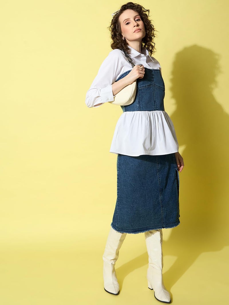 StyleStone Women's White Cotton Shirt with Attached Denim Corset (4230BluMonacoShirtS) - Image 4