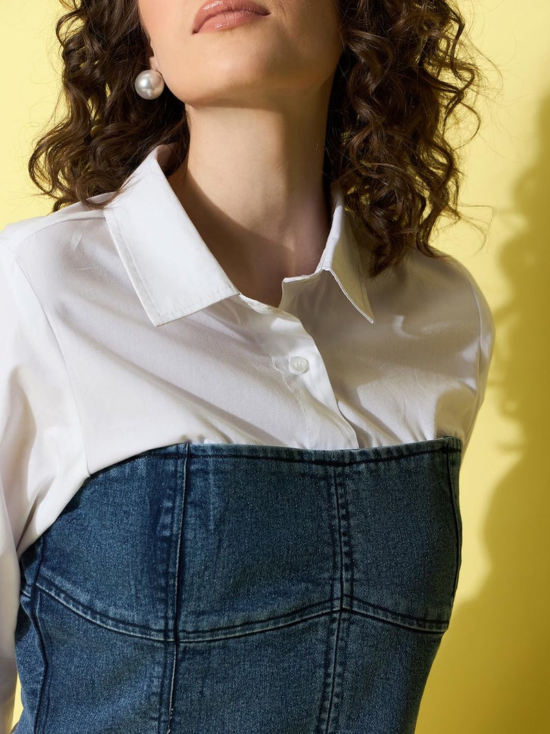StyleStone Women's White Cotton Shirt with Attached Denim Corset (4230BluMonacoShirtS) - Image 5