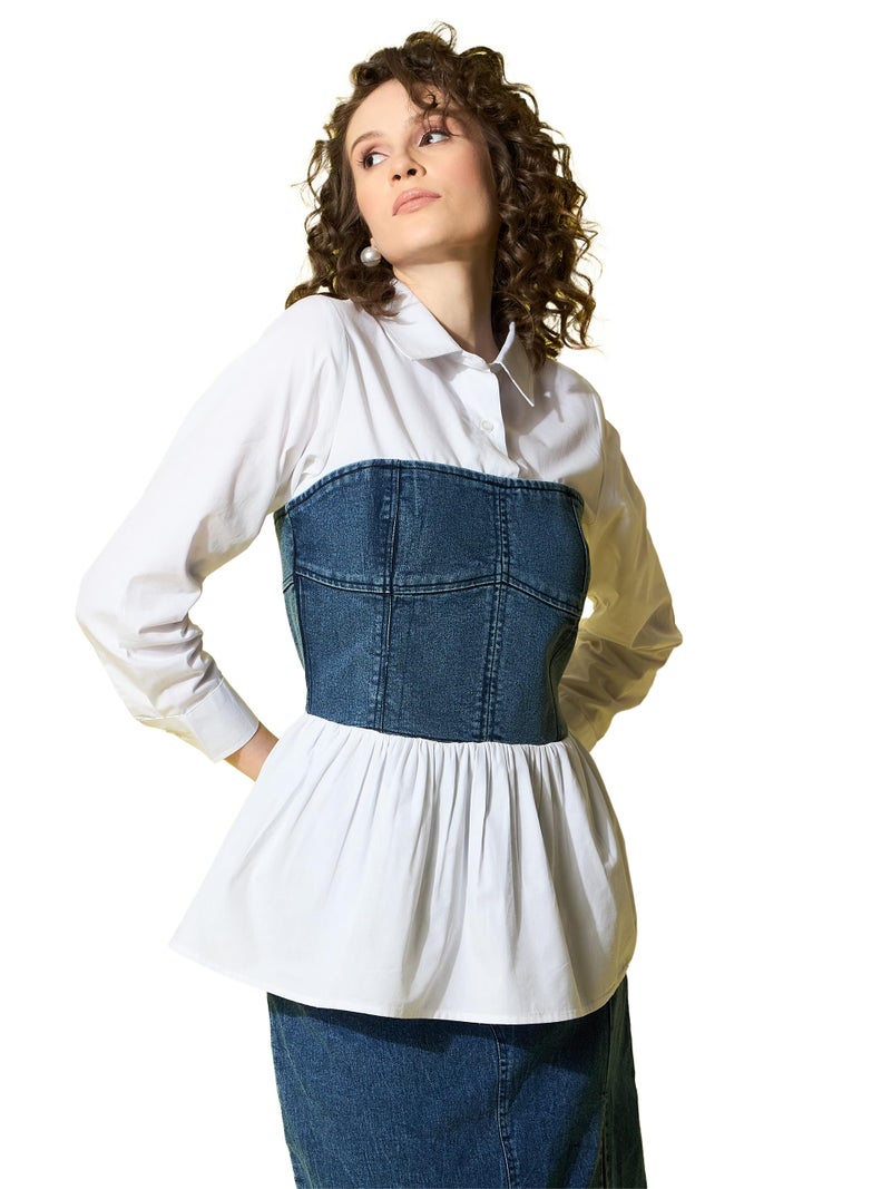 StyleStone Women's White Cotton Shirt with Attached Denim Corset (4230BluMonacoShirtS) - Image 1