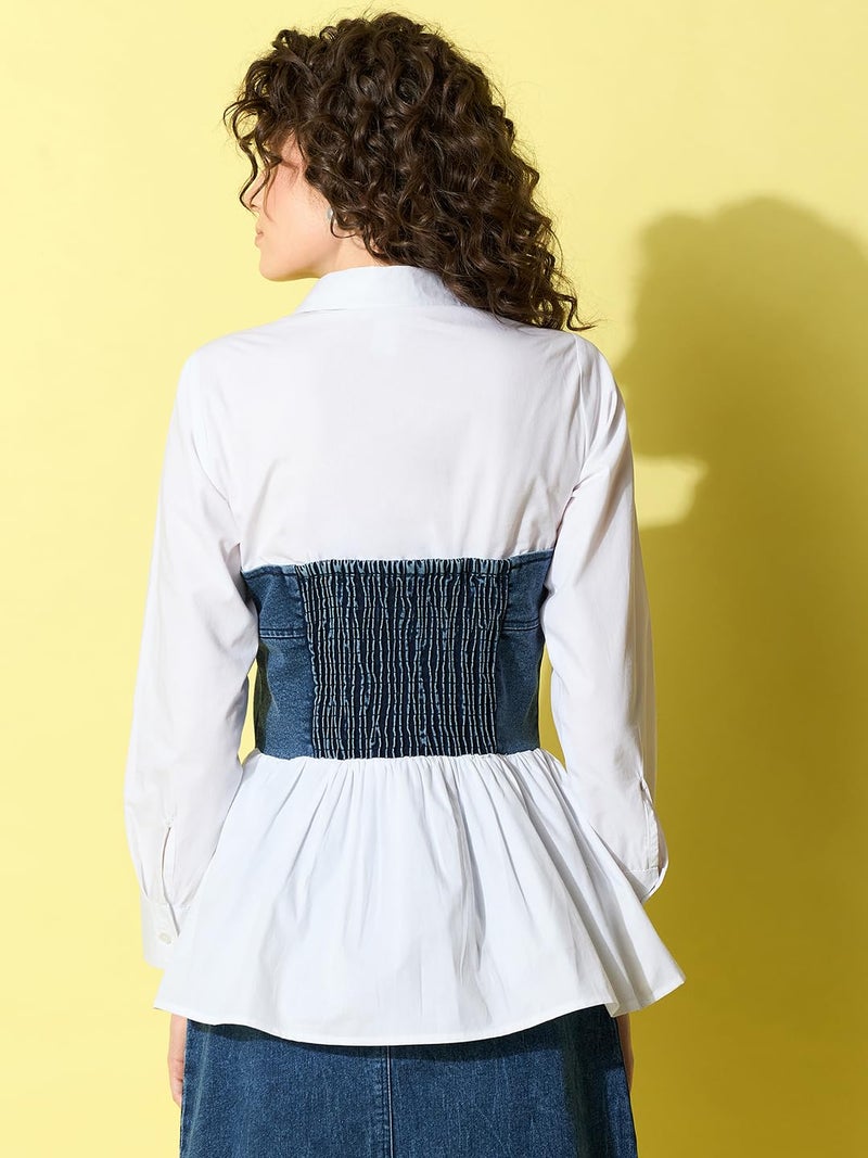 StyleStone Women's White Cotton Shirt with Attached Denim Corset (4230BluMonacoShirtS) - Image 2