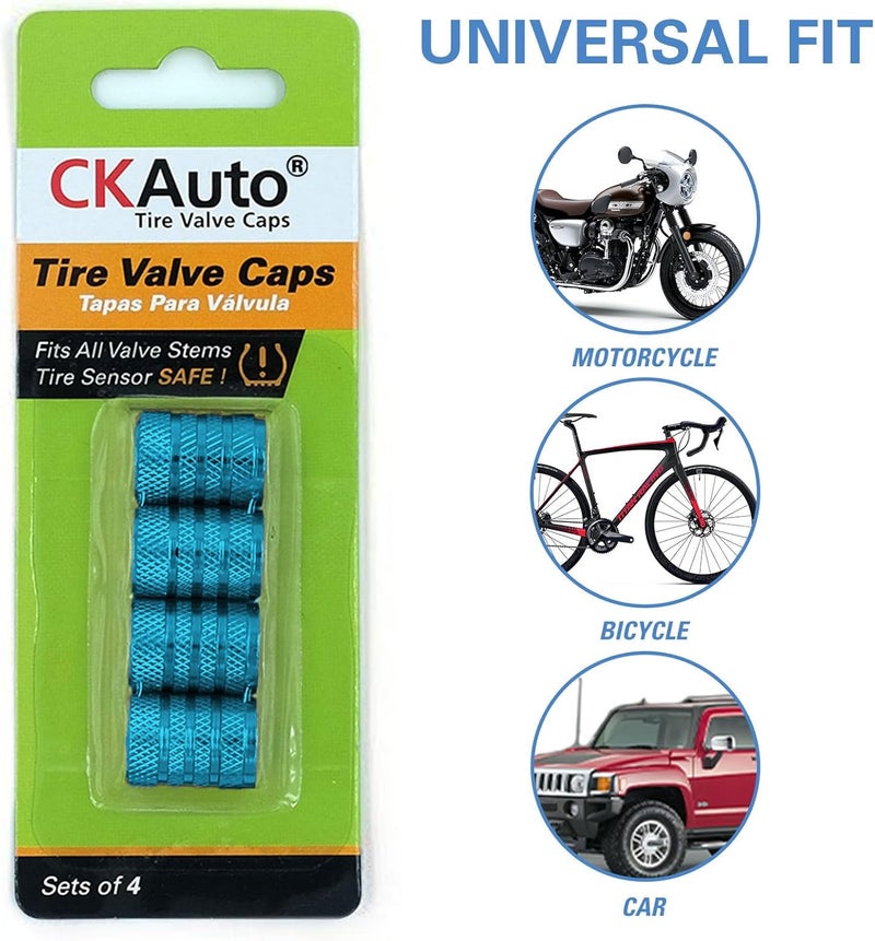 CKAuto Tire Valve Stem Caps, Cyan, 4 pcs/Pack, Anodized Aluminum Tire Valve Cap Set, Corrosion Resistant, Universal Stem Covers for Cars Trucks Motorcycles SUVs and Bikes - Image 5