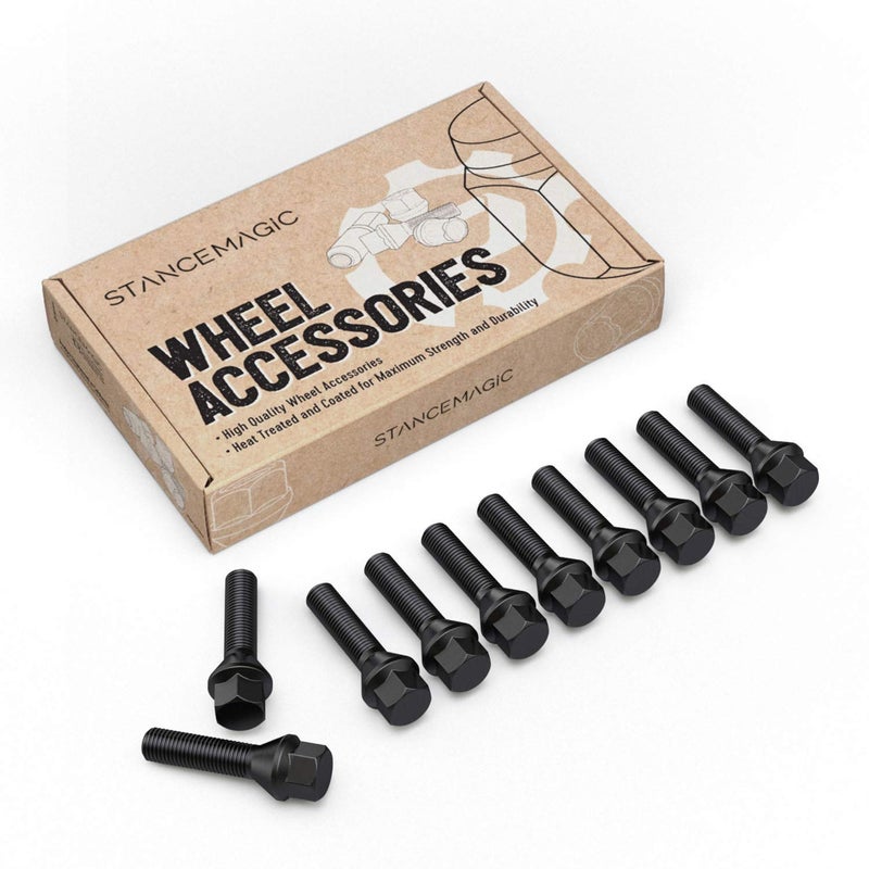 StanceMagic 10pcs Extended Lug Bolts - 12x1.5, 39mm Shank (Not OEM Length), Cone Seat - Compatible with BMW 128i 135i 318i 320i 325i 328i 335i M3 525i 528i 530i 535i M5 Z3 Z4 E36 E46 E60 E90 E92 E93 - Black - Image 1