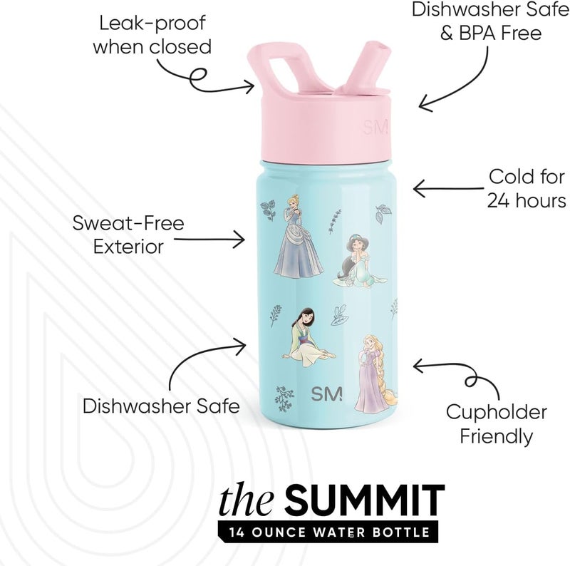 Simple Modern Disney Princesses Kids Water Bottle with Straw Lid | Reusable Insulated Stainless Steel Cup for Girls, School | Summit Collection | 14oz, Princesses Royal Beauty - Image 1