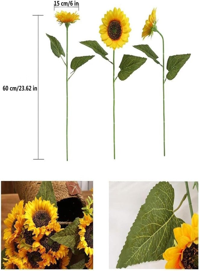 Laelfe Artificial Sunflower Flowers Long Stem Silk Fake Large Sunflowers Decoration for Outdoor Home Wedding Baby Shower Birthday Party Single Bulk Yellow Decor 6PCS (Dark Center) - Image 3