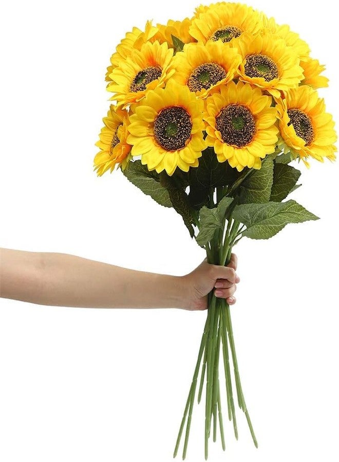 Laelfe Artificial Sunflower Flowers Long Stem Silk Fake Large Sunflowers Decoration for Outdoor Home Wedding Baby Shower Birthday Party Single Bulk Yellow Decor 6PCS (Dark Center) - Image 1