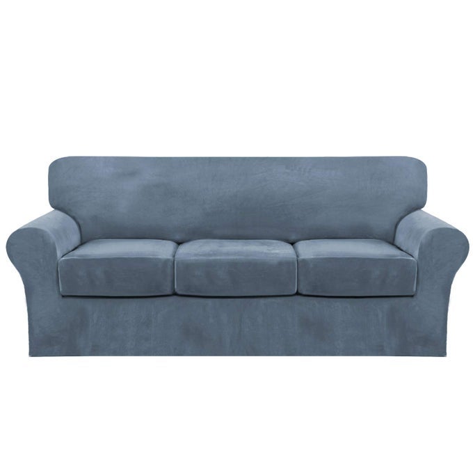 4 PIECE SOFA VELVET COUCH COVERS FOR 3 CUSHION STRETCH SLIPCOVER WITH INDIVIDUAL SEAT CUSHION ELASTIC FURNITURE PROTECTOR FOR PETS MACHINE WASHABLE SOFASTONE BLUE